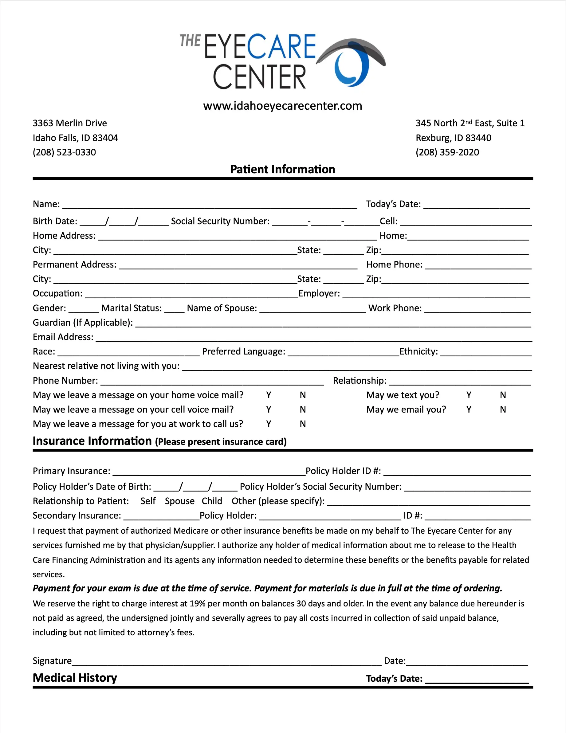 New patient form for The Eyecare Center