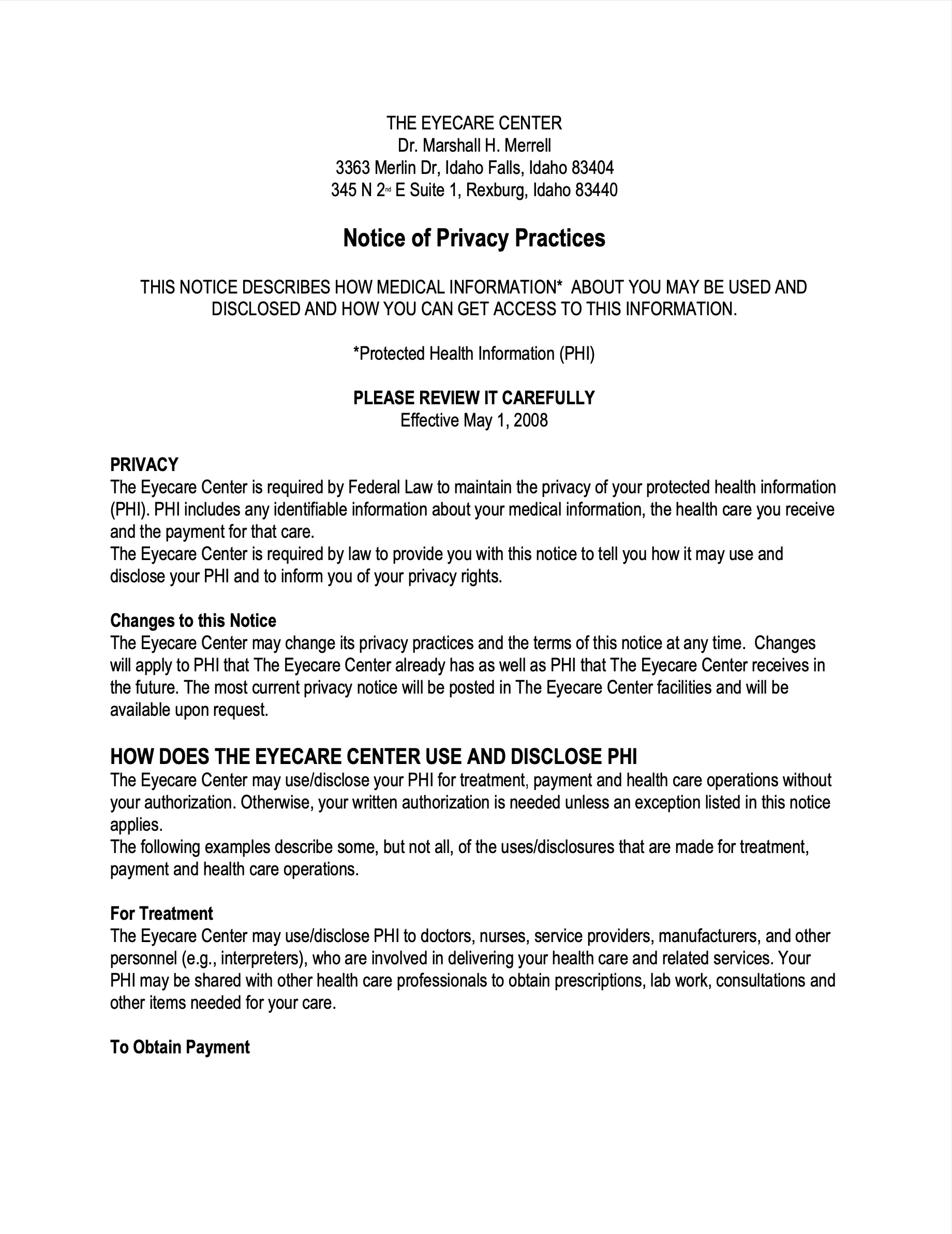 Privacy Policy for The Eyecare Center